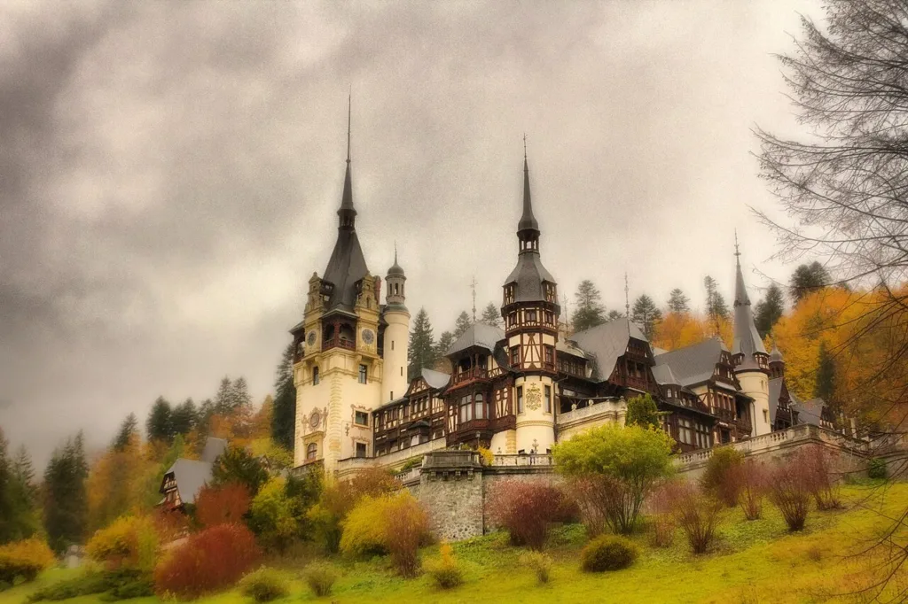 Castelul Peles din Sinaia, inconjurat de arbori in culori de toamna.